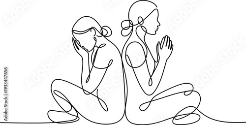 A minimalist line drawing of two women sitting back to back in a meditative pose with one appearing sad and the other serene.