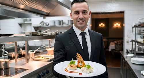Professional Waiter Presenting Gourmet Dish in Modern Restaurant Kitchen Service Scene