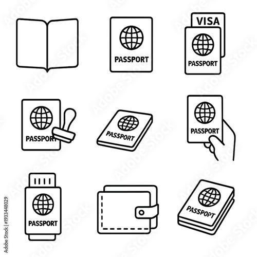 Passport icons collection with visa and travel stamp symbols