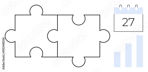 Partnership concept. Puzzle pieces collaboration and connection, while the calendar and bar graph planning and performance tracking. Useful for business, strategy planning, teamwork, project