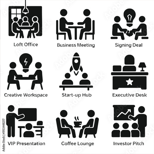 Business icons collection: meetings, creative workspaces, and professional concepts
