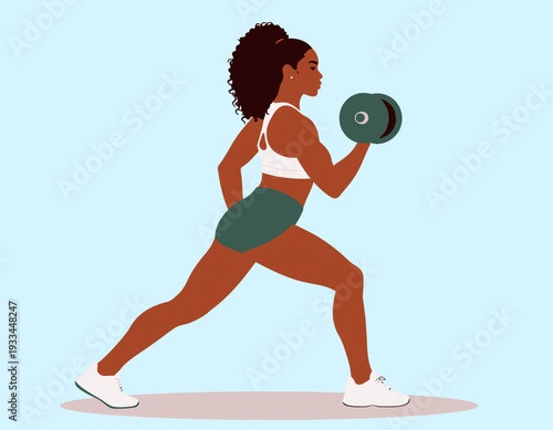 Strong woman with dark skin and curly hair doing a lunge and bicep curl with a dumbbell, demonstrating fitness and strength.