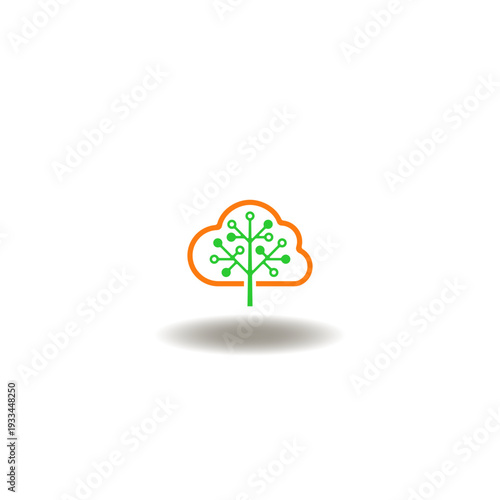 Vector illustration of digital web cloud with electronic tree. Symbol of digital ecosystem.