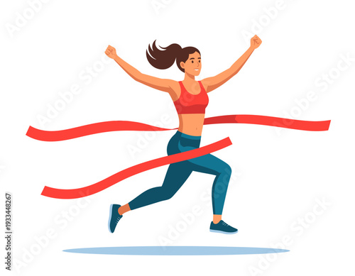 A triumphant female runner crosses the finish line with arms raised in celebration.
