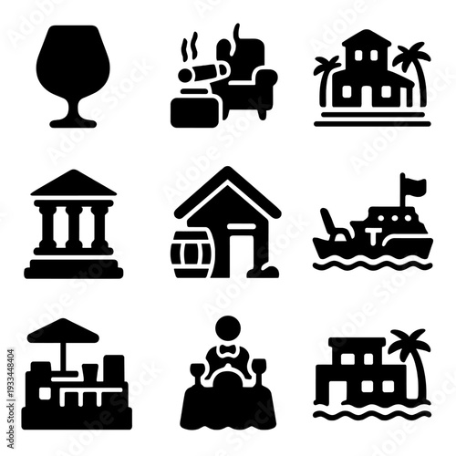 Vacation and leisure icons collection featuring travel and relaxation elements