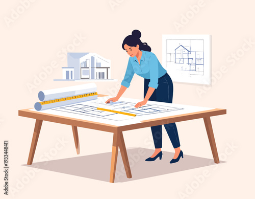 A female architect working on blueprints and architectural plans at a drafting table with a model house.