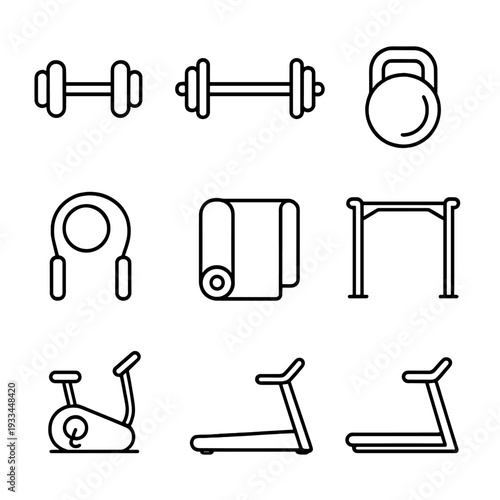Minimalist gym equipment icons for fitness and exercise