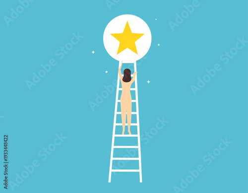 A woman climbing a ladder towards a golden star in a white circle, symbolizing ambition and success.
