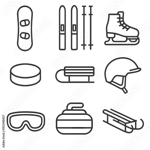 Winter sports equipment icons: skis, snowboard, ice skate, helmet, goggles