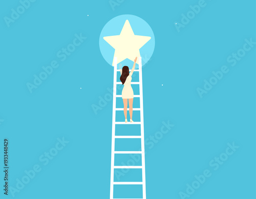 A woman climbing a ladder towards a bright star, symbolizing ambition and reaching for success.