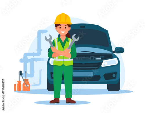 Male mechanic in a hard hat and green uniform holding wrenches in front of a car with an open hood at a service station.