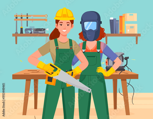 Two women in a workshop, one holding a saw and the other wearing a welding mask, representing skilled trades.
