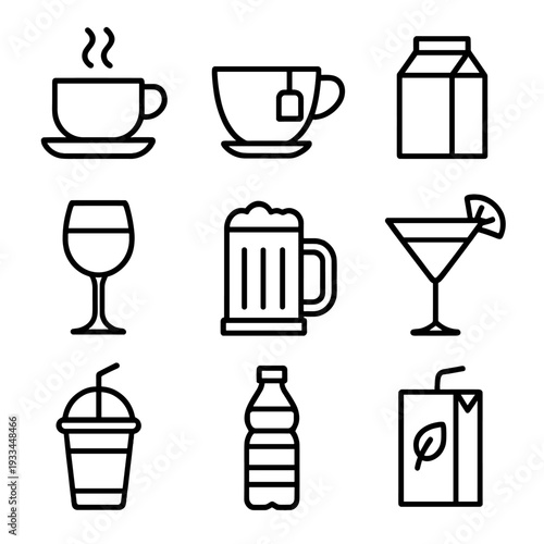 Minimalistic beverage icons: coffee, tea, juice, milk, wine, beer, cocktail, water