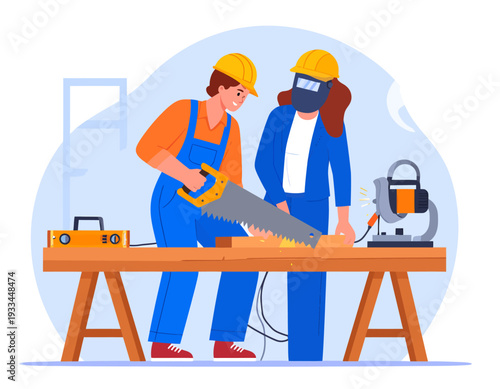 Two female workers in hard hats sawing wood and using a power tool on a workbench, illustrating craftsmanship and construction.