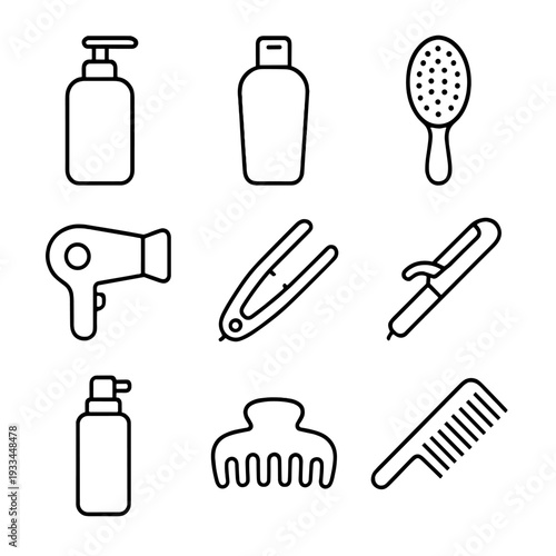 Minimalist hair care icons with shampoo, brushes, and styling tools