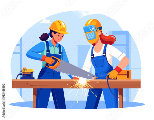 Two women in hard hats and overalls working on a wooden beam, one sawing and the other welding, demonstrating teamwork and skilled labor.