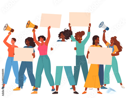 A diverse group of women holding protest signs and megaphones, advocating for social change and equality.