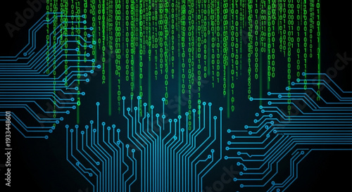 Digital circuit board with flowing green binary code data streams on dark background futuristic technology concept with neon blue circuit paths and vibrant data transmission