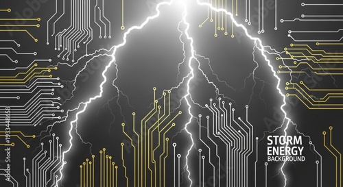 Electricity storm energy background with circuit board and lightning bolt technology concept