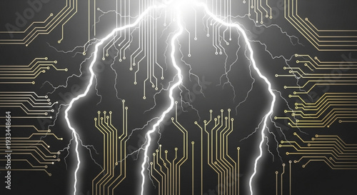 Electricity flowing through a human head silhouette with circuit board background and neon light effects representing energy innovation and technological advancement