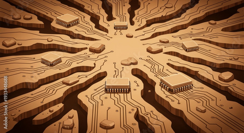 Intricate 3d circuit board design with microchips and pathways in copper color showcasing advanced technology and electronic components in a futuristic landscape