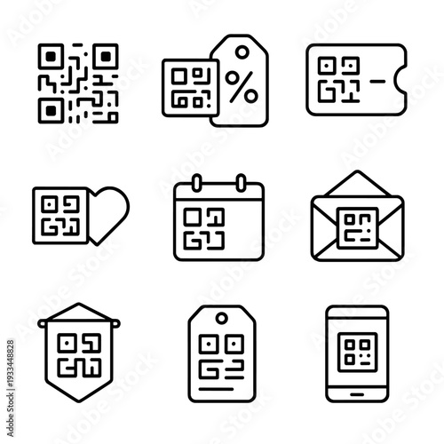 Qr code icons for commerce and communication with various formats