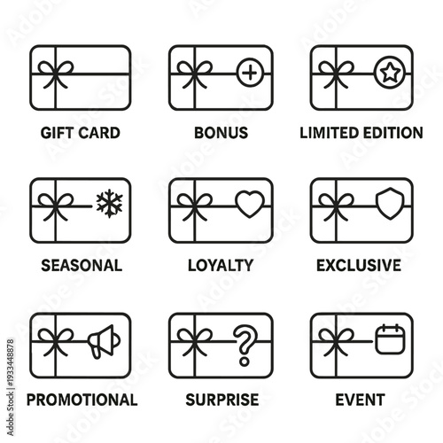 Gift cards collection with icons for bonuses, seasonal offers, and events