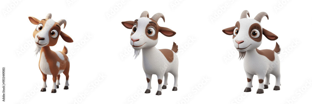 Fototapeta premium Cute Goat Character Set, 3D Cartoon Animal Mascot in Different Poses, Isolated on White Background PNG