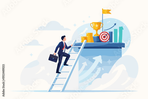 Businessman climbing a giant ladder to reach the next level of success. Concept of career growth, achievement, and reaching business goals with trophy, coins, and target. Flat vector design.