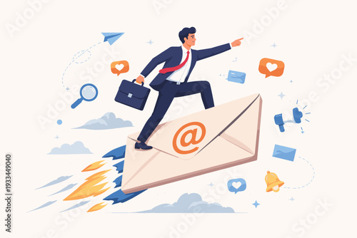 Businessman flying on a giant envelope with email sign and rocket boosters, representing fast electronic message delivery, digital online marketing, business growth, and communication success.