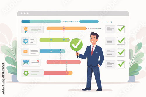 Businessman Holding Green Check Mark Sign to Verify Completed Tasks on Project Management Timeline Dashboard. Concept of Workflow Efficiency, Planning, Scheduling, and Business Productivity.
