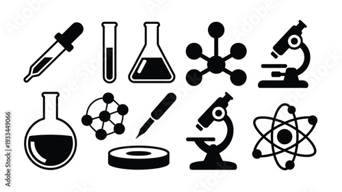 A detailed vector illustration set featuring various science laboratory equipment and educational chemistry symbols in a flat design style, perfect for scientific and educational materials.