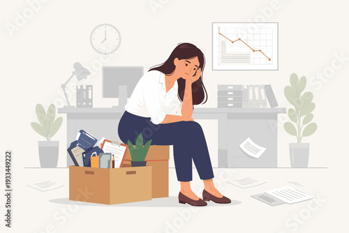 Sad Woman Sitting on Cardboard Box After Being Fired from Job in Office, Depressed Employee with Personal Belongings During Economic Crisis, Unemployment and Layoff Concept Vector Illustration