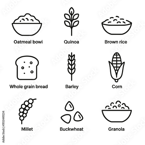 Minimalist line icons of various whole grains and their names on a gray background