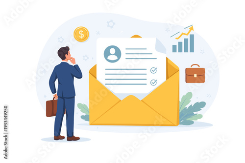 Businessman looking at a job offer in a large envelope with a resume, representing career growth, promotion, new position for higher salary, recruitment, and professional success illustration.