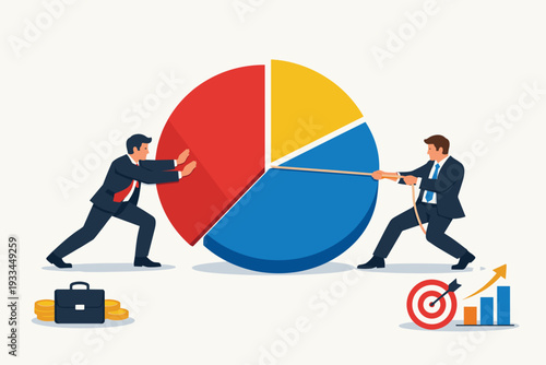 Businessmen Competing for Market Share with Pie Chart Illustration, Concept of Business Rivalry, Growth Strategy, and Financial Competition, Two Men Pushing and Pulling Chart Slices for Success.