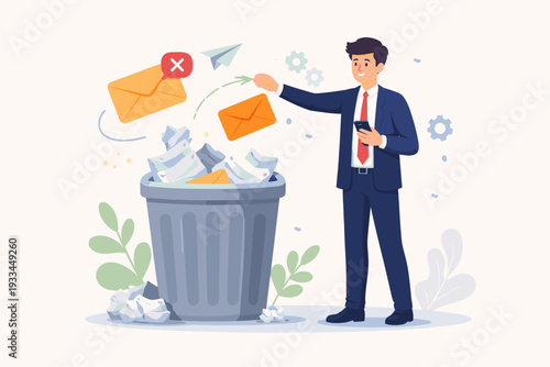 Businessman in a Suit Throwing Envelopes and Spam Emails into a Trash Can, Concept of Digital Mailbox Cleanup, Deleting Junk Mail, Managing Inbox Productivity, and File Management Vector Illustration
