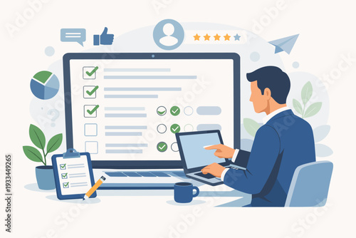 Professional businessman completing online survey or digital questionnaire on laptop and monitor with checkboxes, star ratings, and feedback icons. Concept of market research and customer feedback.