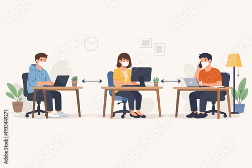 New Normal Concept of People Working in Office with Physical Distancing and Face Masks. Employees at Desks Keeping Safe Distance to Prevent Virus Spread. Professional Workplace Safety Vector.