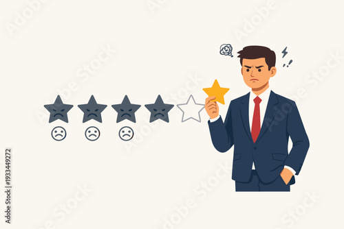 Angry Businessman Giving One Star Rating for Bad Customer Service and Poor Quality Product, Negative Online Feedback and Reputation Concept Vector Illustration of Dissatisfied Client.