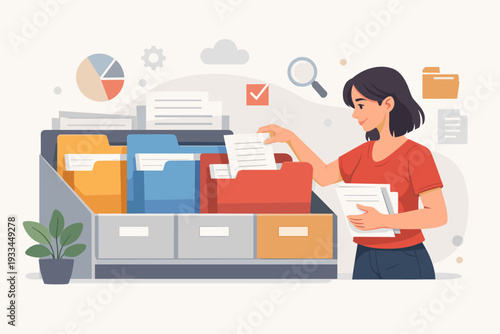 Woman organizing paper documents and colorful folders in a filing cabinet, concept of file management, data archiving, office organization, and document indexing for efficient business workflow.