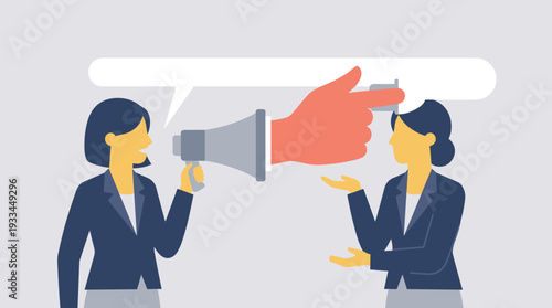 Businesswoman Refusing to Listen to New Ideas with a Big Finger Plugging Her Ear from a Megaphone Speech Bubble, Concept of Communication Barrier, Ignoring Feedback, and Corporate Censorship.