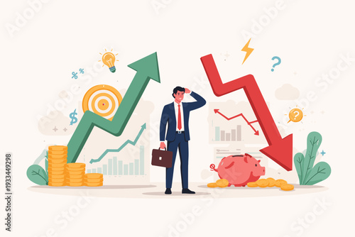 Businessman standing between a large green rising arrow and a red falling arrow, representing financial market fluctuations, investment risk, economic growth, profit, loss, and business strategy.