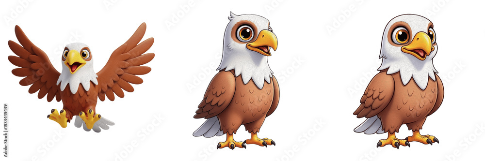 Fototapeta premium Cute Eagle Cartoon Mascot Set, Funny Bald Eagle Character Illustrations, 3D Render Wild Bird of Prey Stickers, Isolated Eagle PNG Collection for Kids Creative Projects