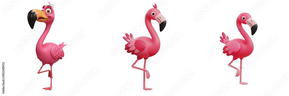 Obraz premium Cute Flamingo Cartoon Mascot Set, Funny Pink Tropical Bird Character Illustrations, 3D Render Wild Exotic Animal Stickers, Isolated Flamingo PNG Collection for Kids Creative Projects