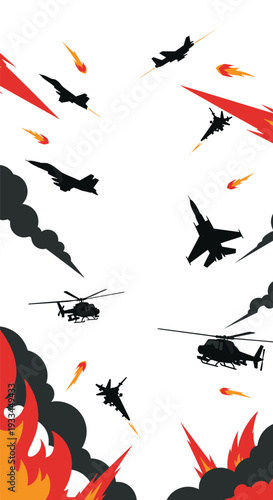 Multiple black silhouettes of fighter jets and helicopters engage in chaotic aerial combat with fiery explosions and smoke against a white background.