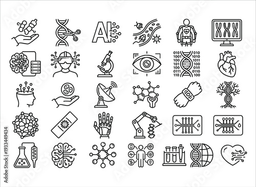 Set of 35 biotechnology and artificial intelligence line icons vector