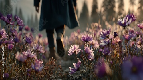 Relaxing outdoor walk in a wildflower meadow nature escape scenic landscape low angle perspective tranquil environment