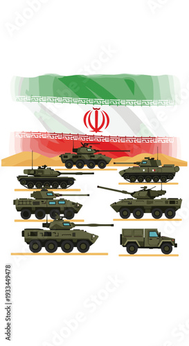 Seven olive-green military vehicles are positioned on sandy ground with the Iranian flag unfurled in the background.