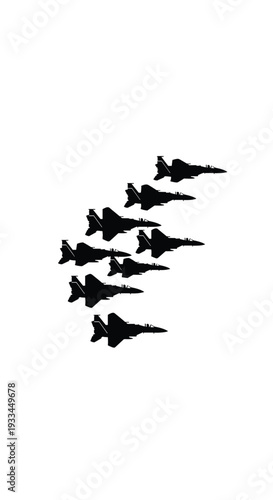 A monochrome silhouette illustration shows nine identical fighter jets flying in a precise V-formation against a pure white background.